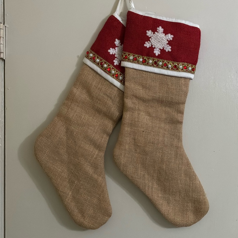 Snowflake with Red-White Beads Jute Stockings (pair)